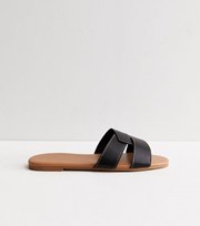 New Look Wide Fit Black Leather-Look Stitch Sliders